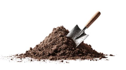 A pile of rich, dark soil with a trowel