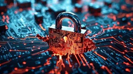 Circuit lock cybersecurity data protection digital security encryption firewall network cyber defense cyber threat technology glowing neon secure - Powered by Adobe