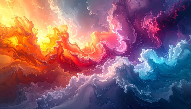 An abstract depiction featuring swirling, textured, and colorful formations resembling clouds. Warm, fiery hues blend with cool blues and purples, creating an ethereal atmosphere