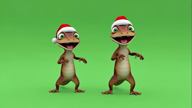 Two Festive Cartoon Lizards - This video shows two cartoon lizards wearing Santa hats, set against a vibrant green background. They are standing upright with their arms raised in a cheerful gesture.