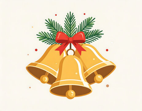 Golden Christmas Bells with Pine Needles and Red Bow