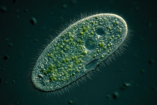 Microscopic paramecium organism floating in dark water with visible cilia green internal structures and clear science biology laboratory detail for microbiology research and education