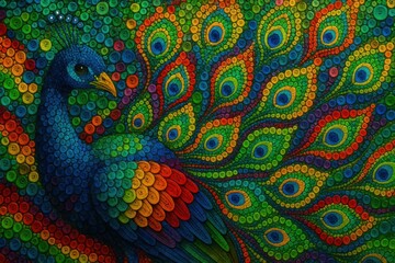 Obraz premium Intricate peacock art with vibrant colors, meticulously crafted with dot patterns style