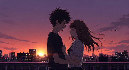 Anime couple staring at each other on the rooftop of a city building
