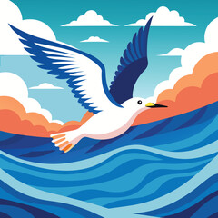 Majestic seagull soaring gracefully above dynamic ocean waves under a clear sky