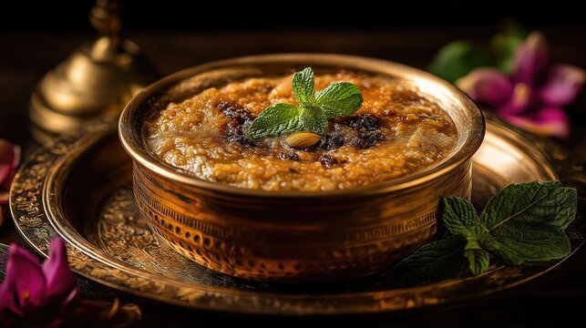 Hyderabadi haleem in traditional brass bowl, rich texture, moody Ramadan theme