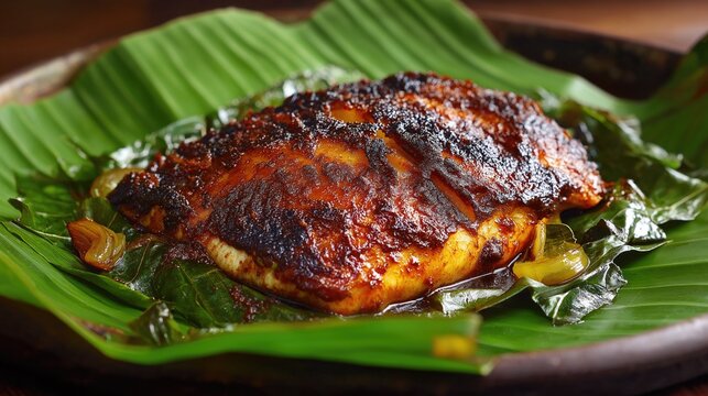 Kerala karimeen pollichathu wrapped in banana leaf, sizzling coastal style shot
