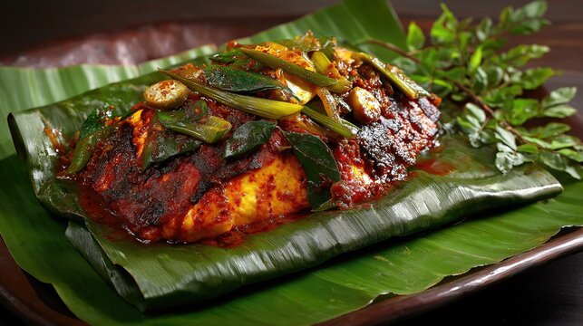 Kerala karimeen pollichathu wrapped in banana leaf, sizzling coastal style shot