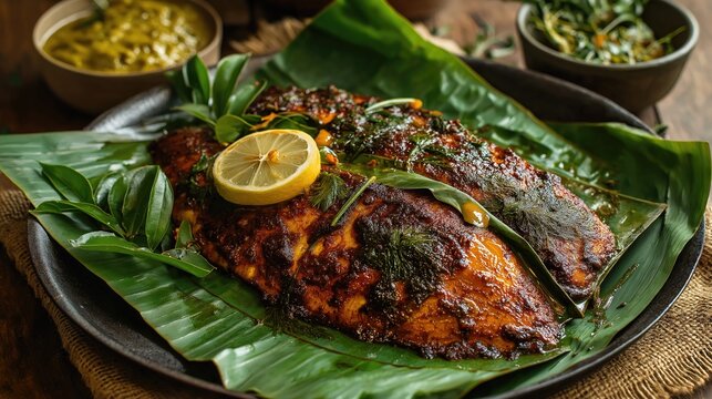 Kerala karimeen pollichathu wrapped in banana leaf, sizzling coastal style shot
