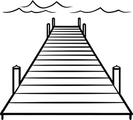 Hand drawn sketch of a wooden pier extending into wavy water with clouds above isolated on transparent background