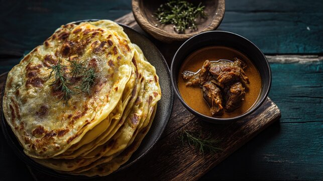 Kerala parotta with beef curry, moody dark tone, rustic table setup