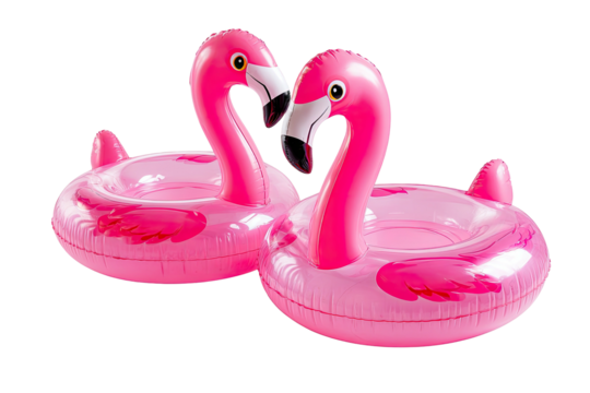 Two pink flamingo pool floats