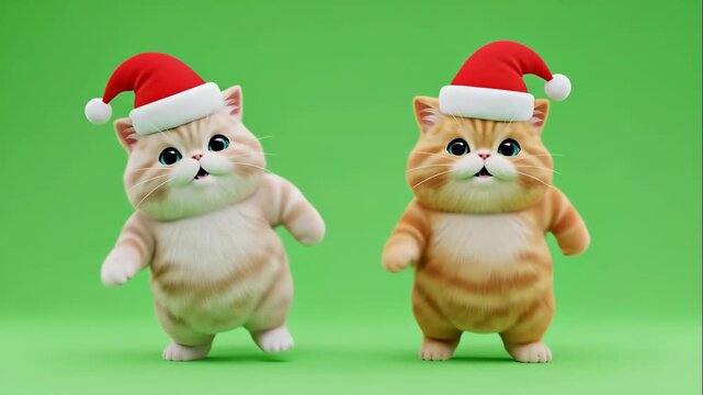 Cartoon Cats Wearing Santa Hats - Two cartoon cats wearing Santa hats are standing on a green background. The cats are smiling and appear to be dancing.