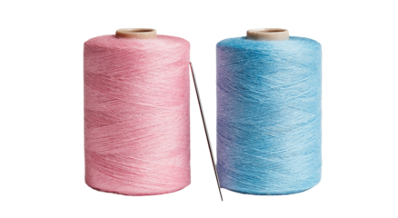 Two spools of thread, pink and light blue