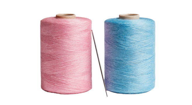 Two spools of thread, pink and light blue