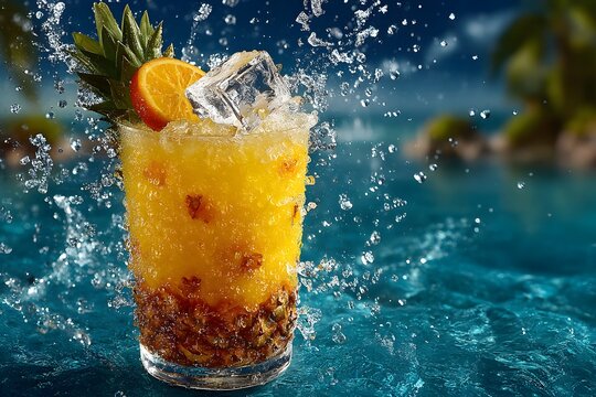 Glass of orange juice with ice and pineapple on top. The glass is filled with water and ice, and the drink is splashing out of the glass