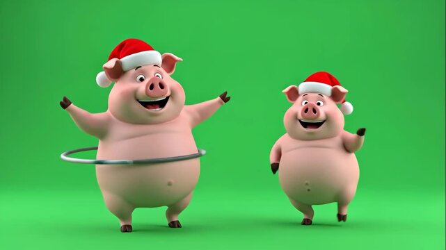 Christmas Pigs with Hula Hoop - Two cartoon pigs wearing Santa hats are seen against a green screen background. One pig is using a hula hoop, while the other pig is dancing.