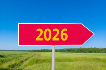Business concept of 2026 new year symbol. Concept number 2026 Happy new year on beautiful red road sign. Beautiful blue sky background. Business 2026 happy new year concept. Copy space.
