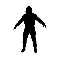Vector art of silhouette of a muscular astronaut in a spacesuit with arms outstretched, a powerful figure ready for space exploration, conveying strength