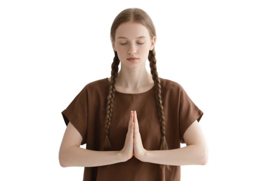 A young woman with braids is in a meditative pose, hands clasped, promoting relaxation and mental well-being.