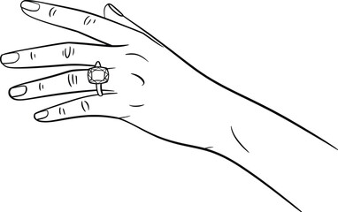 Hand Wearing Ring Illustration, Jewelry, Fashion, and Elegance Line Art.