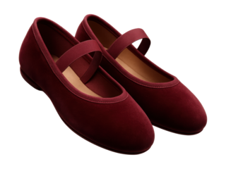 Burgundy velvet ballet slippers featuring an elastic bridge strap.
