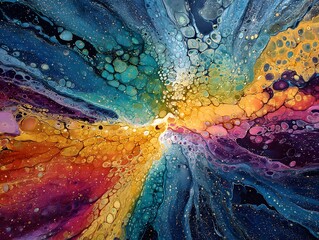 Painting of a colorful explosion with gold and blue swirls. The painting is abstract and has a sense of movement and energy