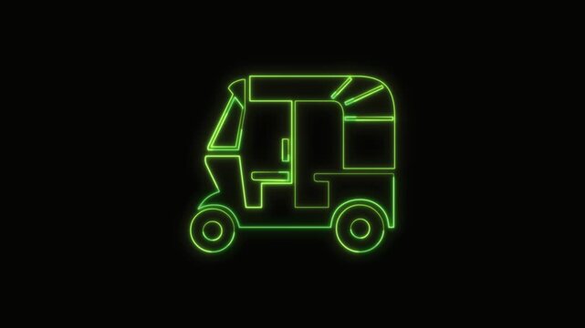 Auto Rickshaw Icon Neon Seamless Loop 4K with Black Background Animated Promotional Typography for Video Editing