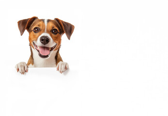 Happy Jack Russell holding a white banner, isolated on a white background