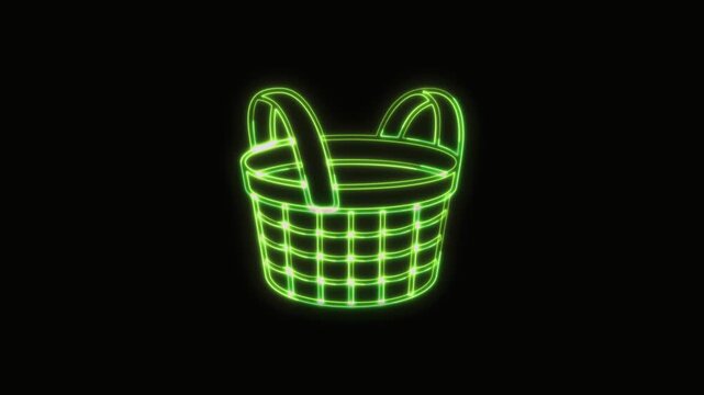 Basket Icon Neon Seamless Loop 4K with Black Background Animated Promotional Typography for Video Editing