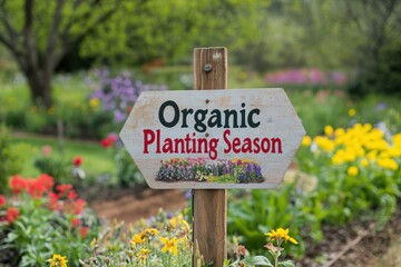 Wooden sign reading "Organic Planting Season" in a colorful flower garden on a sunny day.