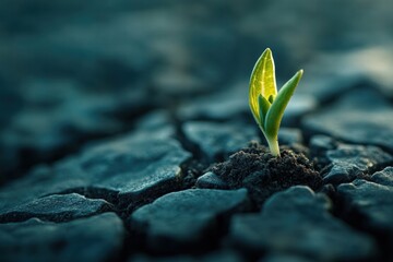 Small green plant sprout growing in cracked soil with dark moody lighting and shallow depth of field.