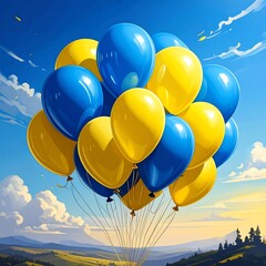 A cluster of blue and yellow balloons floats in a bright sky