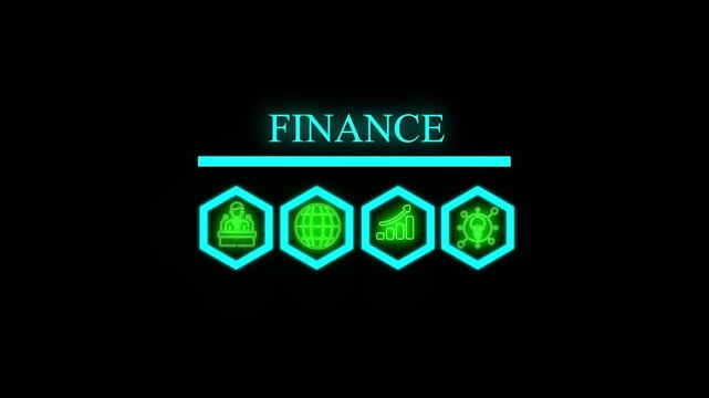 glowing neon finance concept with thin line icons on black background. Info-graphic design. Chart with animated icons