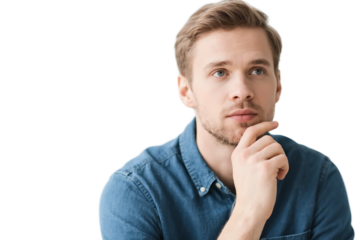 A man in a blue shirt is deep in thought with his hand on his chin, showing a pensive expression.