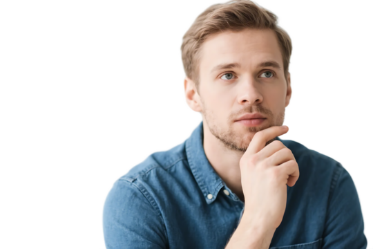 A man in a blue shirt is deep in thought with his hand on his chin, showing a pensive expression.