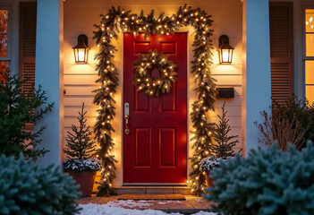 Festively Decorated Front Porch with Red Door, Christmas Wreath, and Holiday Lights for Seasonal Greeting Cards, Home Decor Blogs, Winter Celebration Websites, and Holiday Awareness Campaigns