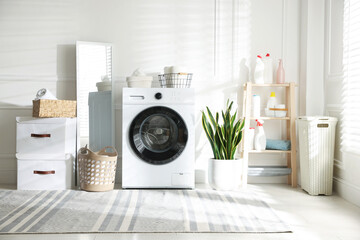 Laundry room interior with washing machine, detergents and houseplant