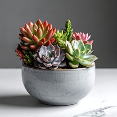 A cluster of colorful succulents fills a round, ceramic pot