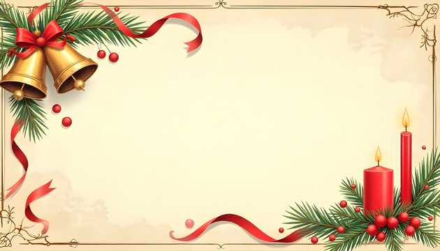 Christmas bells, red candles, and pine branches borers on a  card.