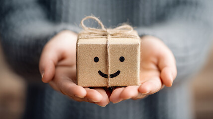 Woman's hands holding a small gift box with a happy smiley face