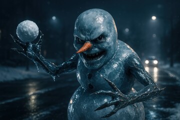 Evil Snowman Holding Snowball on Dark Winter Street with Sinister Expression