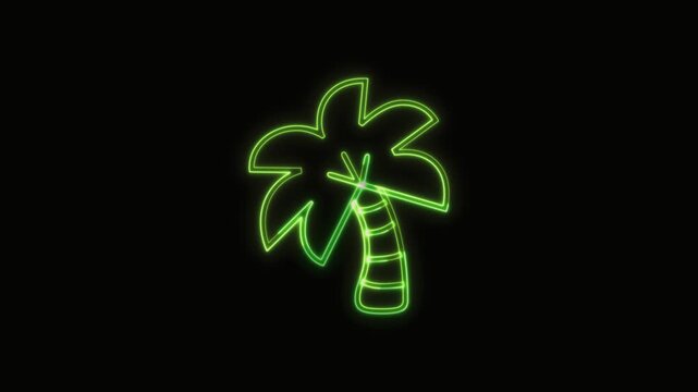 Coconut Tree Icon Neon Seamless Loop 4K with Black Background Animated Promotional Typography for Video Editing