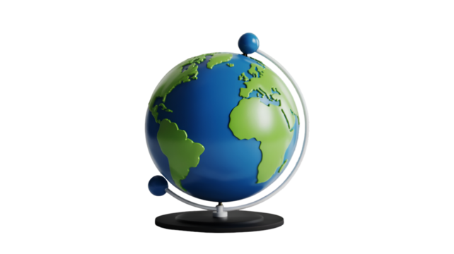 A stylized 3D rendered globe on a black stand with a white meridian ring This model of Earth shows Africa Europe and South America and is isolated on a dark background