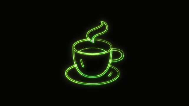 Coffee Icon Neon Seamless Loop 4K with Black Background Animated Promotional Typography for Video Editing