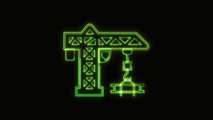 Construction Crane Icon Neon Seamless Loop 4K Black Background Animated Promotional Typography for Video Editing