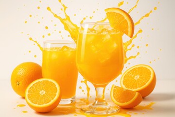 Fresh Orange Juice Splashing from Glasses with Ice and Whole Oranges on White Background