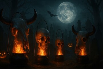 Skull Lanterns Glowing with Fire in Spooky Graveyard under Full Moon on Halloween Night