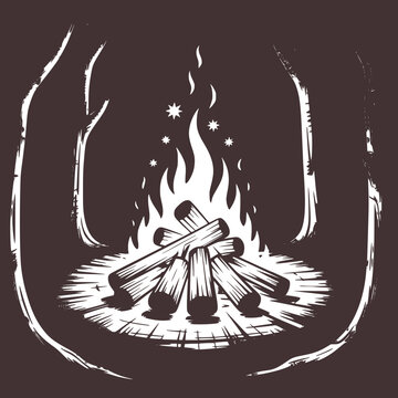 Black and white illustration of a campfire in the woods logs night