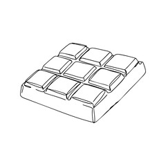 Vector line art of a chocolate bar with square pieces, minimalistic dessert illustration perfect for confectionery designs, posters, and packaging templates.